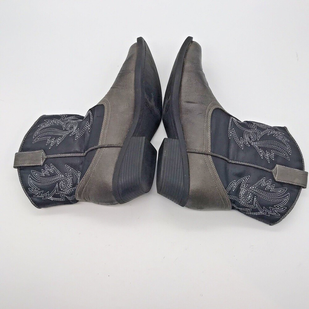 London Rebel Black Gray Embroidered Faux Leather Western Ankle Boots Women's 6M - Picture 6 of 10